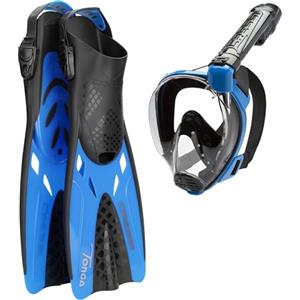 CRESSI Tonga Set Black/Blue S/M - Set Pinne Tonga Leggere Corte Regolabili Scarpetta Aperta+Maschera Integrale Baron Ampia Visuale, Ideali per Snorkeling, Nuoto, Nero/Blu, S/M (36/41), Adulti