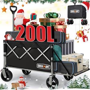 OVERMONT Carrello da Giardino Pieghevole - 200 L/136KG Carrelli da Trasporto Extra Lungo - Carrello da Campeggio Pieghevole con Grandi Ruote per Tutti i Terreni - con Tasca Laterale e 2 Freni