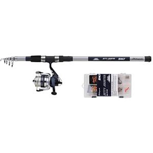 Shakespeare SALT Jetty Jouster Combo Set, canna da pesca e mulinello, Combo Spinning Combo include custodia rigida, esche e finale, pesca costiera e costiera, blu e bianco, 2,40 m, 20-60 g