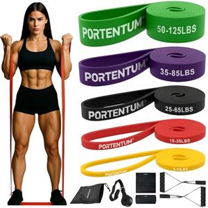 PORTENTUM Elastici fitness - Set da 11 - Bande elastiche 5 livelli intensità - Maniglie, ancoraggio porta, protezioni e borsa - Elastico palestra in casa uomini e donne - Forza Crossfit Yoga Pilates