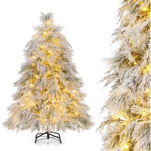 COSTWAY Albero di Natale Innevato 146/180 CM, Albero di Natale Artificiale Pre-Luminoso con Cerniera e 150/250 Luci LED Bianche Calde, 279/519 Punte di Ramo, Ago di Pino (146 CM)