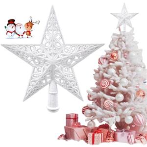 KECDRU - Puntale per albero di Natale a stella bianca, 19.8 cm, in plastica leggera con glitter scintillante, decorazione per la cima dell'albero di Natale facile da installare