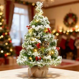 Probuk Mini Albero di Natale 55cm Artificiale con Luci LED Calde, Pigne e Bacche Rosse, Albero da Tavolo Decorativo per Casa Ufficio Avvento e Regali Natalizi