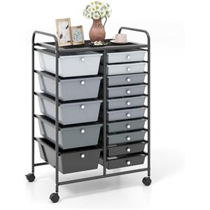 RELAX4LIFE Carrello Portaoggetti con 15 Cassetti, Cassettiera Alta con 4 Ruote Universali, Armadietto Mobile e Salvaspazio di Grande Capacità, Multiuso per Cucina, Bagno e Ufficio (Nero e Grigio)