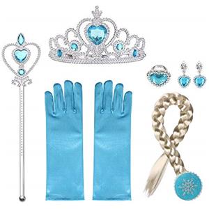 URAQT Nuovi Costumi da Principessa Set di 8 Pezzi Dono da Tiara, Guanti, Parrucca, Bacchetta Magica, Anello, Orecchino, Diadema da 3 a 9 Anni (Blu)
