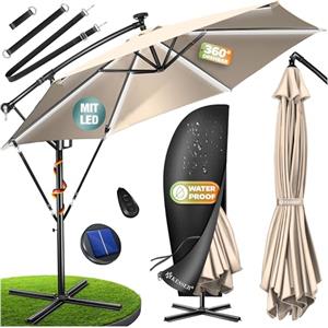KESSER® Ombrellone in Alluminio Ø 350cm, LED solare, incl. Copertura, Telecomando, Manovella, Funzione 360°, Protezione UV, Idrorepellente, Ombrellone da Giardino, Beige