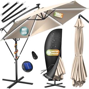 KESSER® Ombrellone in Alluminio Ø 300cm, LED solare, incl. Copertura, Telecomando, Manovella, Funzione 360°, Protezione UV, Idrorepellente, Ombrellone da Giardino, Beige