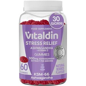 VITALDIN Ashwagandha Gummies - 300 mg estratto di Radice di Ashwagandha KSM-66 e 1000 UI Vitamina D2 - 60 Caramelle Gommose, gusto Frutti Rossi - Adattogeno Anti stress, Calma e Relax