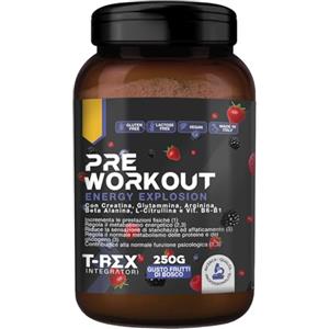 T-Rex Integratori Pre Workout, Energy Drink Potente con Creatina Monoidrata, Citrullina, Taurina, Arginina, Beta Alanina e Vitamine - Senza Caffeina, 250 g (250 g (Confezione da 1), Frutti di Bosco)