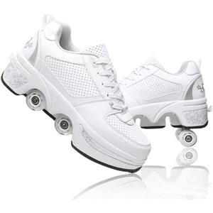 LDRFSE Scarpe con rotelle, pattini con ruote, skateboard, scarpe da pattinaggio per bambini, da ginnastica, per ragazze e donne, bianco, 36 EU