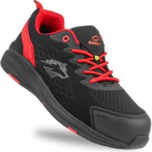 BWOLF Fly S1PS Scarpe da Lavoro Antinfortunistiche ESD Kevlar, Protezione Anti-Perforazione Antiscivolo, Suola Eva Ergo Plus Comfort, Nero/Rosso, 40 EU