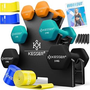 KESSER® Set di manubri, 3 paia, da 5 kg a 18 kg, palestra, allenamento della forza, set di manubri antiscivolo in neoprene, con quaderno per esercizi, 2 fasce fitness