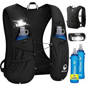 ONETOALL Gilet Running Uomo Donna, Zaino Trail Running, Running Vest con 2X Borraccia Morbida 500ml y Luce LED Ricaricabile, Gilet Corsa Leggero per Ultrarunning Jogging Marathon Trekking Ciclismo