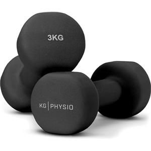 KG Physio Pesi Palestra, Kit di 2 Manubri Palestra con Rivestimento in Neoprene, Accessori Palestra Con tecnologia Anti Rotolamento, Poster A3 con Esempi di Esercizi Fitness 3kg, Nero