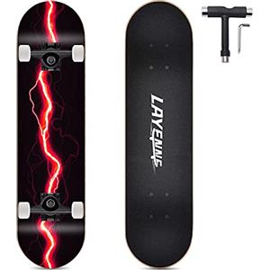 LAYENNE Completo Skateboard Professionale,tavola in acero a 8 strati,31'' x 8'' skateboard double kick deck concavo,Adatto per adulti, principianti, ragazzi, ragazze, adolescenti, bambini-red
