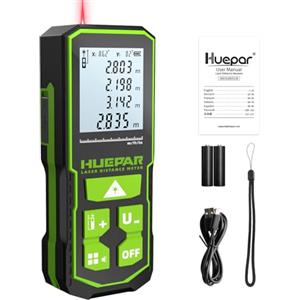 Huepar Misuratore di Distanza Laser 328Ft(100M), Batteria Ricaricabile, Visualizzazione a Doppio Angolo, M/In/Ft, Modalità di misurazione silenziose e multiple, Pitagorico, Distanza, Area -S100 +