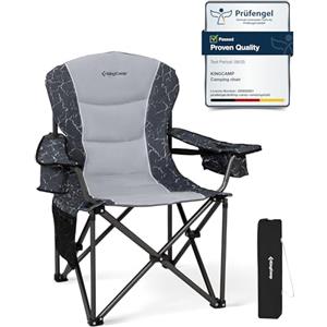 KingCamp XXL Sedia da Campeggio Pieghevole, Fino a 205kg, Imbottito Portatile Sedia da Campeggio per Adulto con Supporto Lombare Regolabile Borsa Termica e Bracciolo, Sedie per Giardino Pesca, Grigio