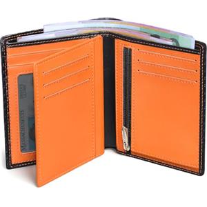 TEEHON Portafoglio uomo pelle di carbonio con blocco RFID, 13 scomparti per carte di credito, 1 portamonete, 2 scomparti per banconote, con tre lembi verticali - Nero e arancione