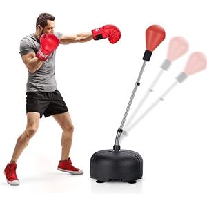 GYMAX Sacco da Boxe da Terra Regolabile in Altezza a 4 Livelli, Punching Ball Boxe con Base Riempibile con Sabbia o Acqua, 6 Dischetti a Ventosa e Guanti Imbottiti in Cotone, Nero (Rosso)