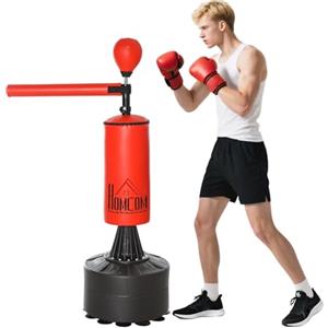 HOMCOM Sacco da Boxe ad Altezza Regolabile con Punching Ball, Base Riempibile e Asta Rotante, Sacco da Terra in PU, EPE e HDPE, 88x48x155-205 cm, Rosso e Nero