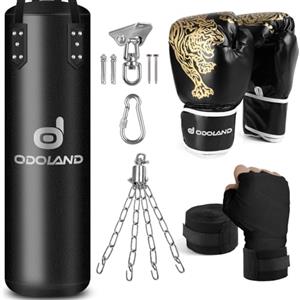 Odoland Pugilato Kit 6-in-1 per Uomini e Donne, Non Riempito Sacco da Boxe Fino a 68 kg con Guantoni da 12 Once e Bende, Catene da Appendere