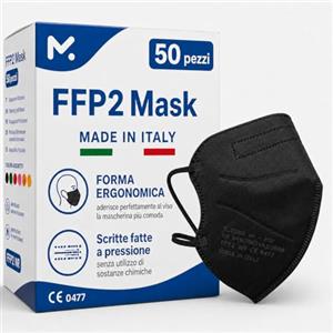 medicinadellavoro.com 50 Mascherine FFP2 Colorate Nere Certificate CE 0477 Made in Italy, Mascherina Senza Valvola, Maschera Facciale Protezione da Polvere|Alta Efficienza di Filtraggio BFE≥95| 50 Pezzi