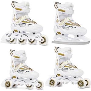 RAVEN Profession 4in1 Inline Skates Pattini in linea Triskates Pattini a rotelle/da ghiaccio per bambini e adulti regolabili (White/Gold, 38-42(25cm-27,5cm))