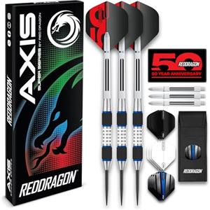RED DRAGON Darts - Axis Set di Freccette in Acciaio Professionale con Freccette in tungsteno Blu da 24 Grammi con Alette, aste e Portafoglio