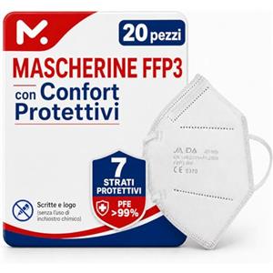 medicinadellavoro.com 20 x Mascherine FFP3 Certificate CE, Mascherina 7 Strati Senza Valvola, Maschera Facciale di Protezione, Face Mask Protettiva Alta Efficienza di Filtraggio PFE≥99, 20 Pezzi