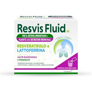RESVIS XR Resvis Fluid XR, Integratore Alimentare di Resveratrolo e Lattoferrina, per il benessere delle vie respiratorie, Con N-Acetilcisteina, Senza Glutine e Zuccheri, 12 Bustine, Gusto Pesca