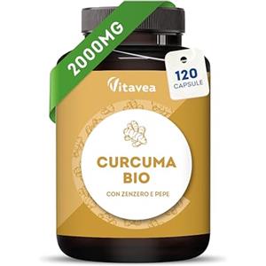 Vitavea Curcuma Bio 2000 mg con Zenzero e Pepe Nero- Alta concentrazione- 120 Capsule Vegane - Integratore di Curcumina Antiossidante Naturale per Articolazioni, Digestione e Fegato - Vitavea