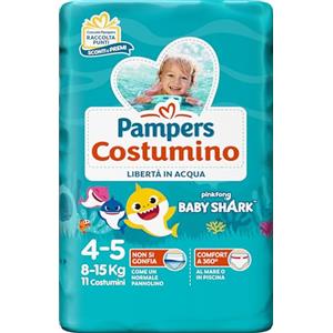 Pampers Costumino, Taglia 4 (8-15 kg), Doppia Barriera Laterale Anti-Fuoriuscita, Rimozione Facile, Fascia Elastica Avvolgente, Mare e Piscina, Cambio Veloce, Estate, Baby Shark, 11 Pannolini