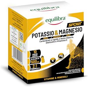 Equilibra Potassio e Magnesio Sport, Integratore Sali Minerali, Carboidrati 2:1, Maltodestrine, Glucosio, Fruttosio, Elettroliti, Vitamina C, Soluzione Ipotonica per lo Sport, Gusto Arancia, 10 Buste