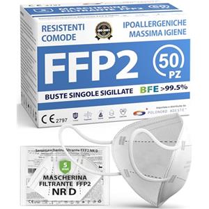 Polonord Adeste ADESTE - 50 Mascherine FFP2 NR D Bianche Certificate CE, Filiera controllata, anallergiche, con elastici comodi e resistenti. Sicura: capacità filtrante >99,5%, Buste singole sigillate