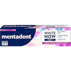 Mentadent White Now 3in1 Forever Young Dentifricio Sbiancante, Denti Più Bianchi Subito, Azione Anti-Macchia, Effetto Ottico Blu-Zaffiro, Schiuma Micellare Delicata, Gusto Menta 75 ml