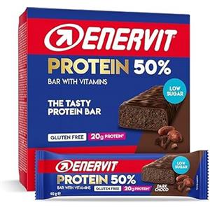 Enervit, Protein Bar 50% Dark Choco, Barrette Proteiche, 20g di Proteine, Low Sugar, con Vitamina D e B6, Gusto Cioccolato Fondente, Per il Recupero Dopo lo Sport, Senza Glutine, 12 Barrette da 40g