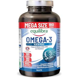 Equilibra Omega 3, Olio di Pesce 2000mg, EPA 582mg e DHA 388mg per Dose max, Scorta 6 mesi, 180 capsule, Normale Funzione Cardiaca, Funzionalità Cerebrale e Capacità Visiva, Senza Glutine e Lattosio
