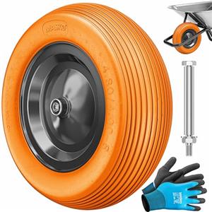 MASKO® Ruota per carriola in gomma piena PU da 200 kg anti-foratura - 4.80/4.00-8 Ø 390 mm, incl. asse - ruota di ricambio - ruota in gomma con cerchione in acciaio - pneumatico anti-foratura