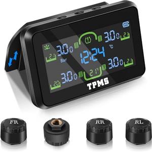 Liwogi TPMS di Monitoraggio della Pressione dei Pneumatici Staccabile Ricarica Solare Wireless Sistema di Monitoraggio con Allarme, 4 Sensori, 22-87Psi Display Dell'ora per Camper Van Auto