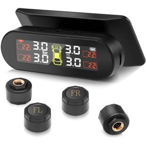 Avutrel TPMS Sistema di Monitoraggio,della Pressione degli Pneumatici, Ricarica Solare/USB, 4 modalità Allarme, con 4 Sensori Esterni, per Berlina, SUV, Monovolume, Rimorchio, ECC