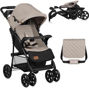 Lionelo Emma Plus Passeggino Leggero e Pieghevole da 6 Mesi a 15kg Schienale regolabile alla posizione sdraiata, Cinture a 5-punti Ammortizzatori, Cappotina XXL Vassoio portabibite Borsa (LATTE)