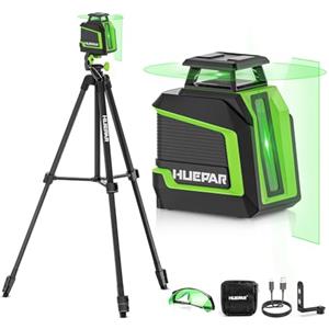 Huepar 360° Livella Laser Verde con Treppiede da 150cm, Modalità a Impulsi, 3 Regolazioni Della Luminosità, USB-C Ricaricabile, Ideale per Progetti Fai Da Te in Interni