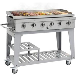 METRO PROFESSIONAL Barbecue a Gas con 6 Bruciatori, Piastra 111 × 50 cm, Acciaio Inox, con Ruote e Telo di Copertura, Argento