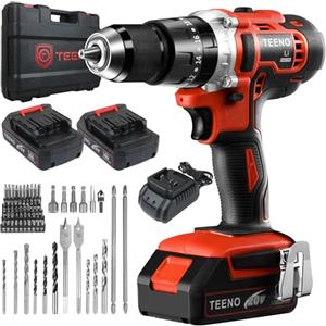 TEENO Trapano Avvitatore a Batteria 20V, Avvitatore Elettrico 45Nm con 2 Batterie 2,0Ah, Trapano a Percussione con 20+3 Regolazioni di Coppia, 2 Velocità, Mandrino 13mm, LED, Valigetta e Accessori