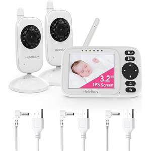 HelloBaby Baby Monitor con 2 Telecamere, Schermo 3.2 Pollici, Visione Notturna, Audio Bidirezionale, Modalità ECO VOX, Sensore Temperatura, 8 Ninne Nanne, Portata 300m, senza WiFi