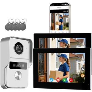 Honmidatek Videocitofono 2 Fili connesso, con fotocamera, versione notturna, vista dal vivo e conversazione, sblocco tramite monitor, 2 monitor da 7" con campanello cablato, per 1 famiglia