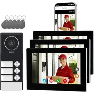 Honmidatek Videocitofono cablato con 3 Monitor Touch da 7 Pollici, Pannello Esterno con Telecamera, Campanello Video 2 Fili con Visione Notturna,Audio Bidirezionale, per 3 Famiglie