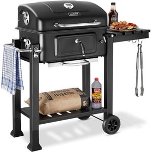 tectake® Barbecue Carbonella Portatile 110x64x104 cm, Griglia Barbecue in Acciaio, 3 Ganci, 2 Ruote, Cassetto per Carbone Bbq, Termometro nel Coperchio, Apribottiglie, per Giardino e Campeggio - Nero
