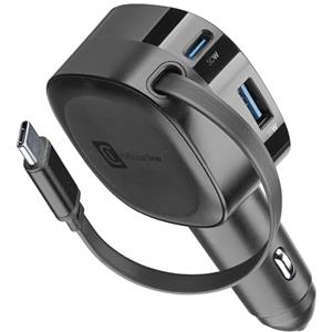 Cellularline Caricatore Auto Retrattile 60W con Cavo USB-C 70 cm Power Delivery 30W + Porta 30W + USB-A 18W Quick Charge, Output Totale 60W, per Smartphone e Tablet, 12V/24V