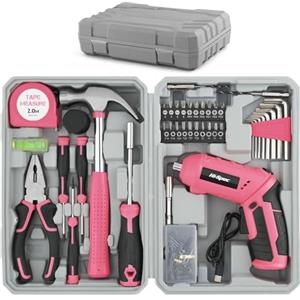 Hi-Spec 42pz Avvitatore Elettrico Rosa USB 4V & Set di Attrezzi per la Casa. Cacciavite a Batteria e Utensili Manuali in Valigetta Compatta